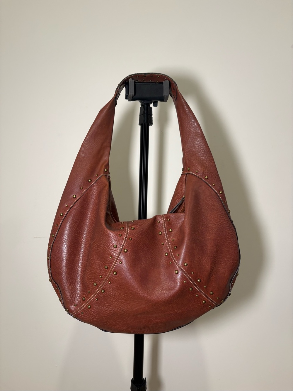 Nine West Cognac Leather Hobo Bag with Stud Accents